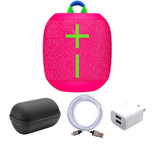 Ultimate Ears WONDERBOOM 3 Bluetooth Speaker Bundle with Case, USB Cable and Adapter (Hyper Pink) (4 Items)