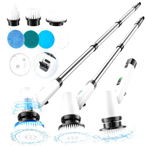 GiveBest Electric Spin Scrubber Brush - Cordless Shower Scrubber with Long Handle for Cleaning Bathroom, Bathtub Power Scrubber with 7 Replacement Head & Dual Speed for Floor, Tub, Tile, Kitchen, Car