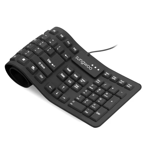 sungwoo Foldable Silicone Keyboard USB Wired Standard Keyboard Waterproof Rollup Keyboard for PC Notebook Laptop, Full Size (Black)