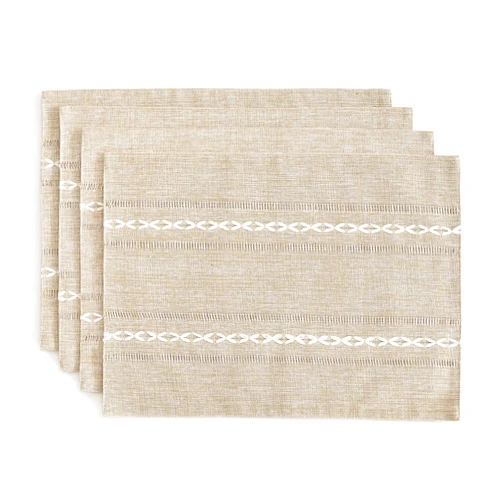 Wracra Cotton Linen Placemats, 14 x 19 Inch Set of 4 Fete Placemats Rustic Hemstitch Place Mats for Kitchen Table and Heat Resistant-Hemstitch Coffee