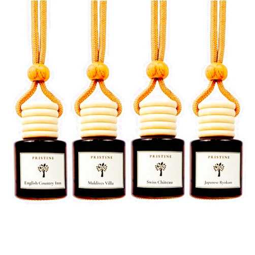 PRISTINE Car Air Freshener/Top 4 Hotel Blend Essential Oils 4 Pcs Set Mini Hanging Teakwood Cap Diffuser for Car Aroma Scenting/Cute Long-Lasting Fragrance for 30 Days of Aroma in Car