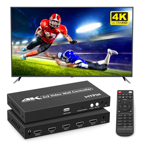 MYPIN 2x2 HDMI 4K Video Wall Controller with Media Player Function,4K@30HZ TV Wall Processor, 8 Display Modes 1x1 1x2 1x3 1x4 2x2 2x1 3x1 4x1 with Remote Control, 180°Rotate,with for 4x1-1 HDMI Input/Output