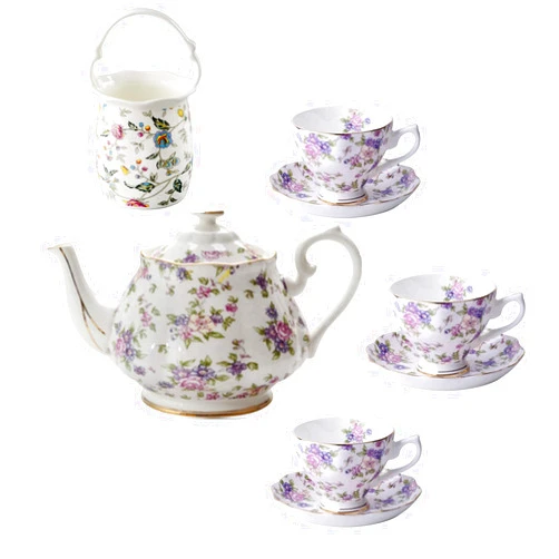 MaGiLL Tea Set for Adults Coffee Cups and Saucers Bone China Coffee Cup Set Pink Old Country Roses Teapot with Spoon Holder (B)