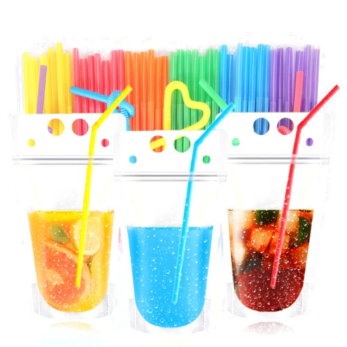 SixWeKit 50PCS Drink Pouches for Adults,Reusable Ziplock Bags with Reusable Straws for Alcohol Drink Freezable Hand-Held Juice Container for Cold & Hot Smoothie (16OZ, Frosted)
