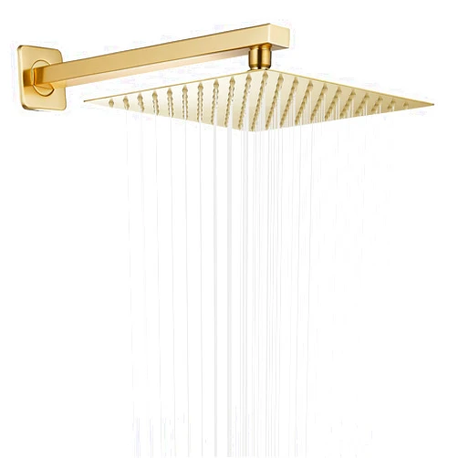 GGStudy Rain Shower Head Brushed Gold with Extension Arm 12 Inch Square Shower Head with 16 Inch Shower Arm Large Stainless Steel Rainfall Showerhead Waterfall Full Body Coverage