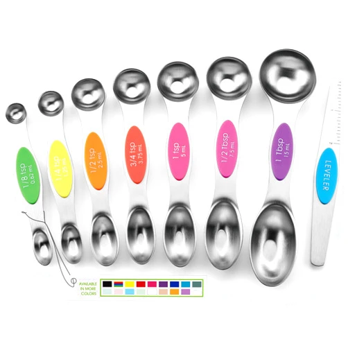 Spring Chef Stainless Steel Magnetic Measuring Spoons Set of 8 with Leveler, Nesting Metal Teaspoon & Tablespoon Measuring Spoons, Kitchen Gadgets for Baking & Cooking, Fits in Most Spice Jars - Neon