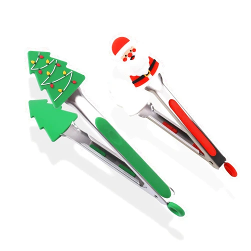 OBACAT Christmas Kitchen Tongs Set - Tongs for Festival Cooking Holiday Santa and Tree Design - Silicone Tips