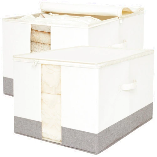 LoforHoney Home Large Storage Bins with Lids, Collapsible Storage Bins with Clear Windows, Blanket Storage Baskets with Zip Lids, Closet Storage Bins for Clothes, Beige & Gray, 2-Pack, 19.7x15.7x12.6