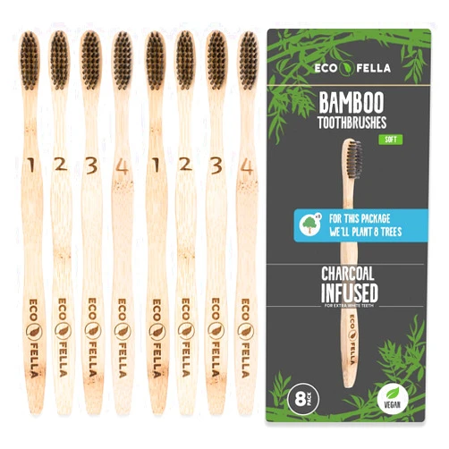 ECOFELLA Natural Bamboo Tooth Brush Set | for Every Set WE Plant 8 Trees | Charcoal Bristles for Teeth Whitening | 8X BPA Free & Soft for Sensitive Gums | for Adults & Kids | Incl. Zero Waste Ebook