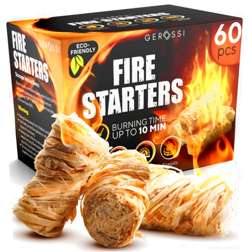 GEROSSI Fire Starter - Natural Pine Fire Starters for Fireplace, Campfires, Grill, Wood & Pellet Stove, Chimney, Fire Pit, BBQ, Smoker - 60 Pack w/10 Min Burning Time - All Weather & Odorless Firestarter