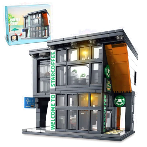 NEWABWN City Coffee House Architecture Building Blocks Set for Adults, Street View Modern Cafe Shop Building Construction Toy with Light, Christmas Birthday Gift for Kids Boys Girls 6-12 (581 PCS)