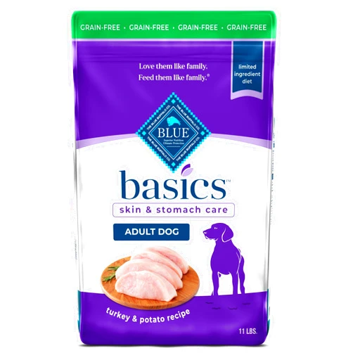 Blue Buffalo Basics Adult Grain-Free Dry Dog Food for Skin & Stomach Care, Limited Ingredient Diet, Made in the USA with Natural Ingredients, Turkey & Potato Recipe, 11-lb. Bag