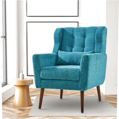 Cinkehome Accent Arm Chairs for Living Room, Chenille Upholstered Mordern Armchair, Comfy Soft Padded Lounge Chair in Small Spaces, Bedroom, Pillow, Solid Wood Leg, Teal