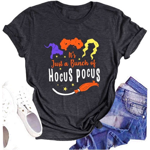 DESFSE It's Just A Bunch of Hocus Pocus T-Shirts for Women Sanderson Sisters Shirt Halloween Movie Graphic Fall Tee Tops
