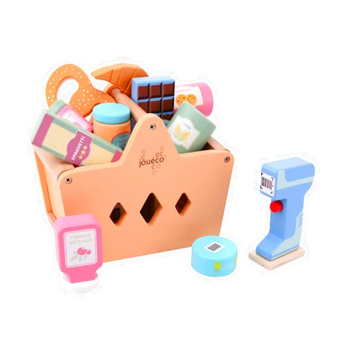 Joueco Wooden basket with shopping and scanner