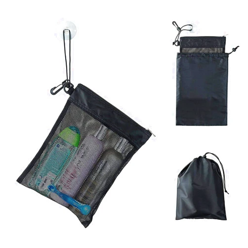 Much Hotter Shower Bag Tote, Mesh Caddy Toiletry Organizer 12”L x 9”W, Compact and Lightweight With Suction Cup, Cord for Hanging, Zipper and Drawstring Pouch 14”L x 10”W, Black
