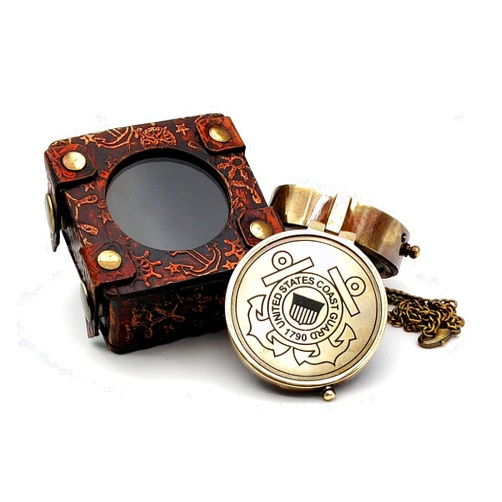 5MOONSUN5's US Coast Guard Engraved Brass Military Compass Nautical Marine Gift A Perfect and Unique Gift for Army Person Survival Navigation Compass for Hiking Camping with Leather Display Case