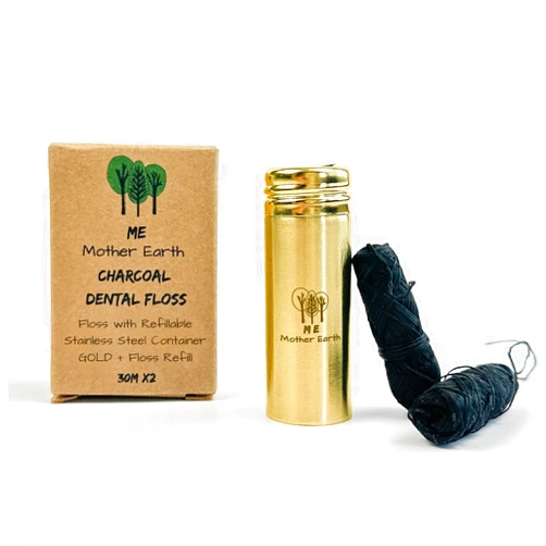 ME MOTHER EARTH Vegan Bamboo Charcoal Dental Floss with Gold Stainless Steel Container, Made with Natural Candelilla Wax, with 30M x2 Floss Refill, Peppermint, Zero Waste Eco Friendly Products