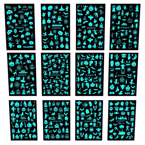 LRHINETAR Halloween Luminous Nail Stickers, 12 Sheet Nail Art Stickers for Acrylic Nails, LRHINETAR 3D Nail Stickers for Nail Art Self-Adhesive or Women Girls Kids