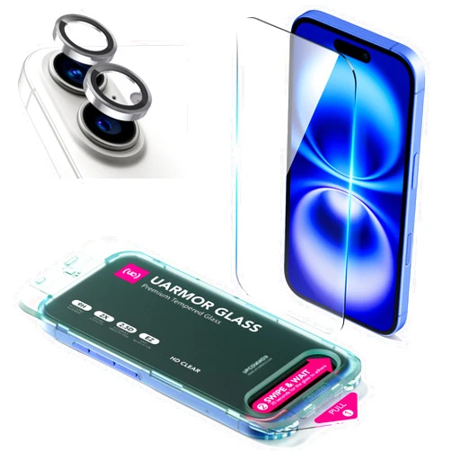 Upcommon UARMOR Clear Screen & Lens Protector for iPhone 16, Double Strength Tempered Glass with Easy Installation Kit 9H Hardness [2Pack Screen Protector, Silver Lens Protector]