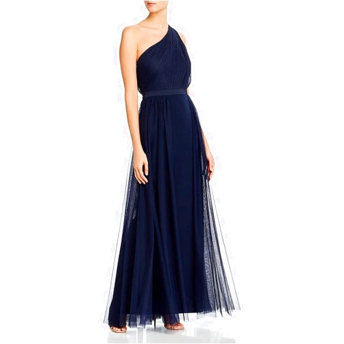 Aidan Mattox Womens Zippered Pleated Banded Waist Sleeveless Asymmetrical Neckline Full-Length Formal Gown Dress