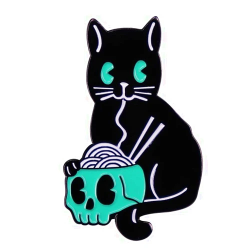 Pinposni Gothic Skeleton Ramen Cat Enamel Pin Brooch badge for backpacks