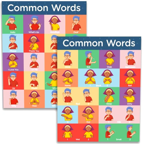 Hubble Bubble Kids Sign Language Posters for Classroom - 2 Pack Includes Everyday and Commonly Used Words Sign Language Charts for Kids. ASL Posters for Classrooms 16x20 inches, Dry Erase School Supplies