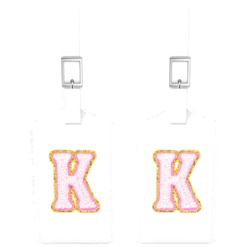 Sodsay 2 PCS Initial Luggage Tag, Luggage Tags for Suitcases Cute Embroidered Letter PU Leather Travel Bag Baggage Tags Privacy Cover ID Label for Women Kids Teens Men(K, White Leather+Pink Letter)