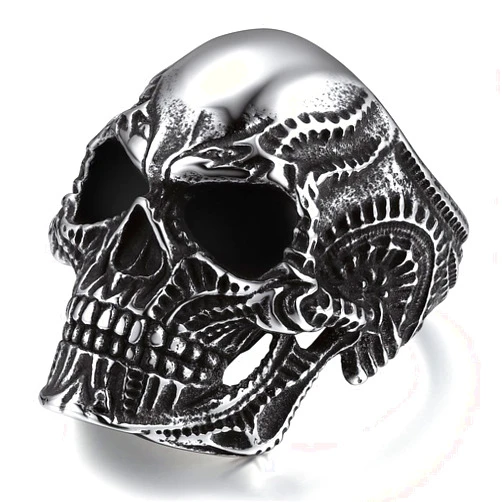ChainsProMax Men Skull Ring Biker Gothic Rings, Can Engrave, Stainless Steel/Black-Send Gift Box