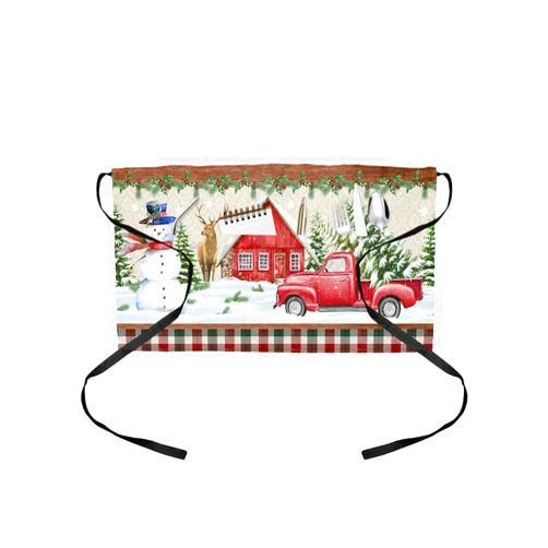 DecorLovee Christmas Tree Truck Waitress Apron with 3 Pockets, Red Green Plaid Xmas Snowflake Elk Wood Server Aprons Waterproof Kitchen Restaurant Half Waist Apron for Men Women