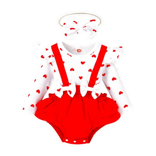 FeFaDaiw Newborn Baby Girl Valentines Day Outfit Infant Ruffled Romper Shorts Long Sleeve Red Heart Bodysuit with Headband