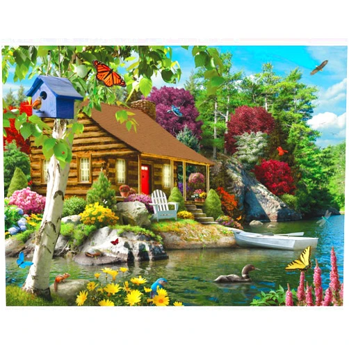 Bits and Pieces - 500 Piece Jigsaw Puzzle for Adults – ‘Cabin on The Lake’ 500 pc Large Piece Jigsaw Designed by Artist Alan Giana - 18” x 24”