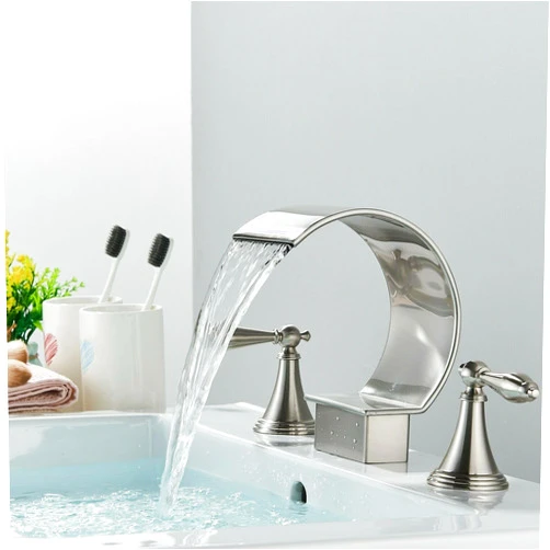 YAGATAP Bathroom Sink Faucet 3 Hole 2 Handle Knobs Waterfall Spout Vanity Basin Mixer Tap Upwards Widespread Bathtub Filler Faucet Brushed Nickel