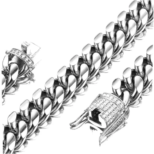 Jxlepe Mens Miami Cuban Link Chain White 15mm Stainless Steel Curb Necklace with cz Diamond Chain Choker
