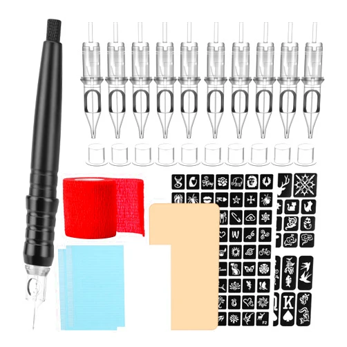ATOMUS DIY Tattoo Cartridge Pen Poke and Stick Tattoo Kit with Stencil Pattern Practice Skin Ink Cups 10pcs 3RL 5RL Tattoo Cartridge Needles Bandage Table Mats