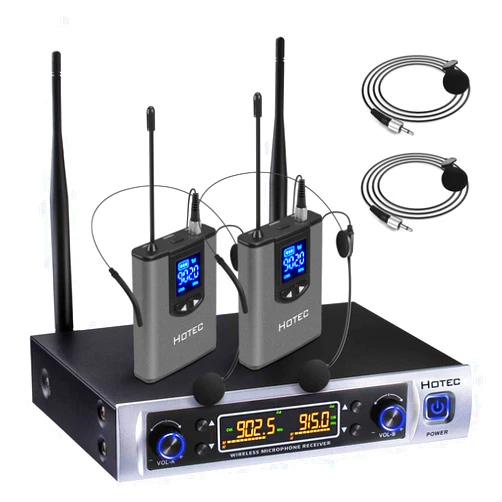 HOTEC UHF Wireless Microphone System with Dual Lapel/Lavalier and Headset Microphones Over PA, Mixer, Speaker, Karaoke Machine for Church, Training, Classroom, Interview (H-K25)