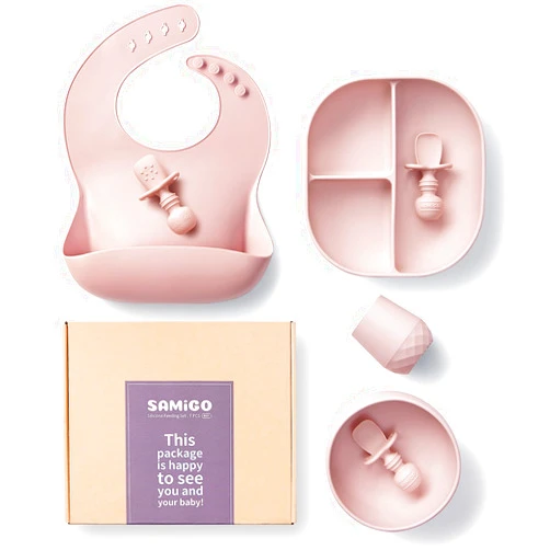 SAMiGO Silicone Baby Feeding Set, Suction Plate Bowl Set, Self Feeding Spoons, Bib, Cup, Baby Led Weaning Supplies, First Stage Feeding Essentials, Food Eating Utensils, 6+ Months
