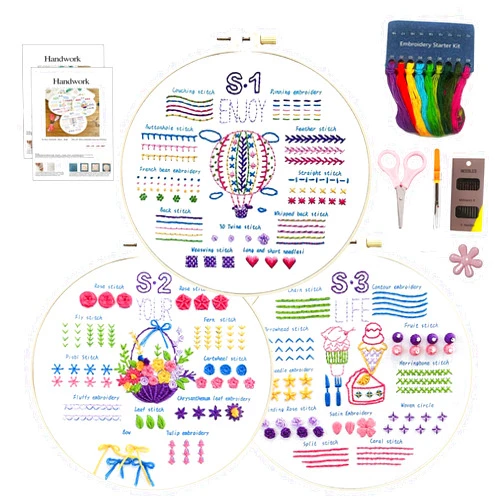 Yullmu 4 Sets Embroidery Kit for Beginners for Beginners with Simple Embroidery Patterns Embroidery Stitch Practice Kit for Hand Craft Lover