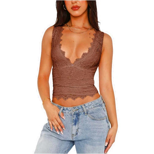REORIA Womens Sexy V-Neck Sleeveless Double Lined Going Out Y2K Trendy Lace Cropped Tank Tops