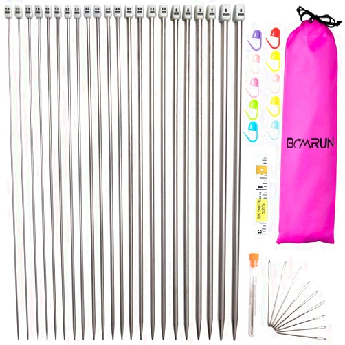 BCMRUN Knitting Needle Set, 22PCS 2mm(B)-8mm(L) Straight Single Pointed Stainless Steel Sweater Needles Set(11Pair-11 Size,9.8 inch) with Locking Stitch Makers Large-Eye Needles Measure Tape (36CM)