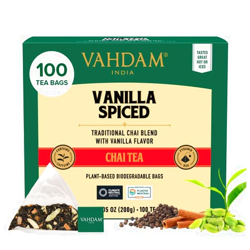 VAHDAM, Vanilla Spiced Chai Tea | 100 Tea Bags | Spiced Masala Chai Tea | Delicious Blend Of Vanilla Tea | Spiced Chai Tea Bag | Brew As Hot, Cold or Iced Tea