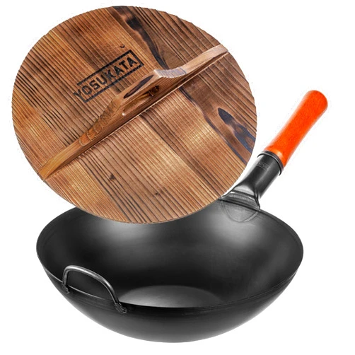 YOSUKATA Carbon Steel Wok Pan 13,5“ with Premium Wok Cover 13,5 inch Pan Lid - Chinese Wok with Flat Bottom Pow Wok Plus Condensate-free 13,5 inch Pan Lid
