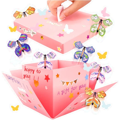 Welpurch Mother's Day Butterfly Explosion Pink Gift Box, DIY Unique Pink Flying Butterfly Exploding Surprise Gift Box for Mother's Day, Graduation, Birthdays, Wedding