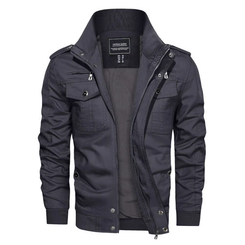 CRYSULLY Men's Cotton Military Jacket Lightweight Casual Windbreaker Stand Collar Bomber Jackets Coat with Multi Pockets