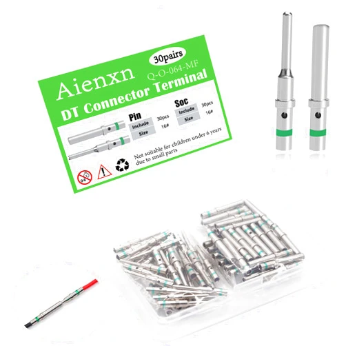 Aienxn 30 Pairs (60PCS) DT Pins Contact Size 16 Male Female Terminals, DT Connector/Terminal Kit for Deutsch Connector 14-20 AWG Wire Gauge