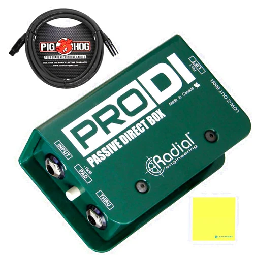 Liquid Audio Radial Engineering ProDI Passive Instrument Direct Box Bundle w/Pig Hog Mic Cable and Liquid Audio Polishing Cloth