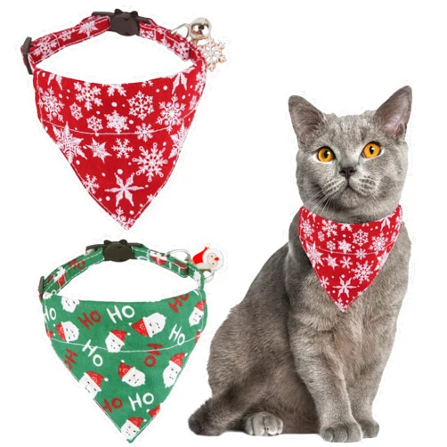 ADOGGYGO Christmas Cat Collars with Bandana Bell, 2 Pack Adjustable Cat Bandana Collar with Removable Scarf, Red Green Cat Christmas Collar for Kittens Cats (Christmas)