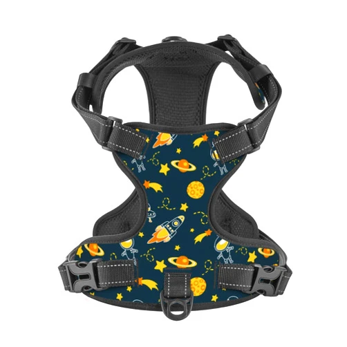 PAYOHTO No Pull Dog Harness for Medium Dogs Easy Walk Dog Vest Adjustable Collars Harnesses & Leashes Set Breathable Oxford Outdoor Walking Safety Reflective Strip Cute Kids Space Astronauts Prints