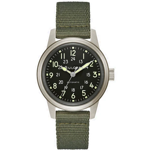 Bulova Men's Military Heritage Hack Veteran's Watchmaking Initiative Watch in Stainless Steel with 3-Hand Automatic, Black NATO Leather Strap Style: 96A259