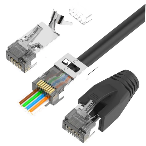 VCELINK CAT6A Connector, RJ45 Connectors Pass Through CAT6A CAT7 Shielded 10-Pack, UL-Listed 3-Prong 50μ Gold Plated, CAT7 Connector with Strain Relief Boots Black (Gen 2)